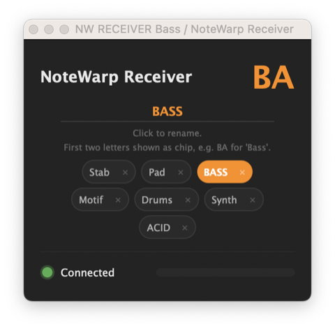 NoteWarp Receiver window named Bass