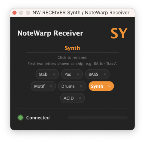 NoteWarp Receiver window named Synth